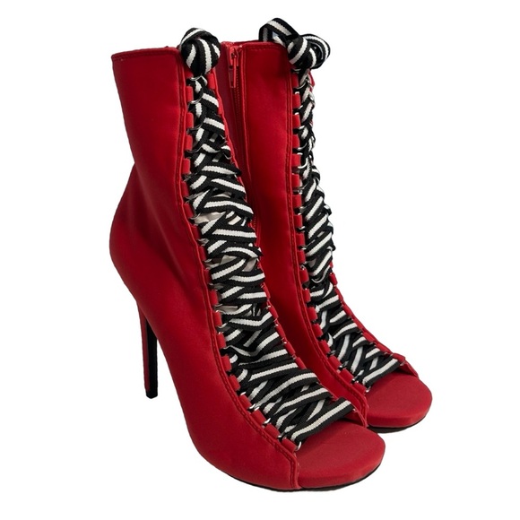 Steve Madden Fuego women Lace Up Peep-Toe fabric Booties, Sizes 8.5 Red FUEGO - Picture 1 of 12